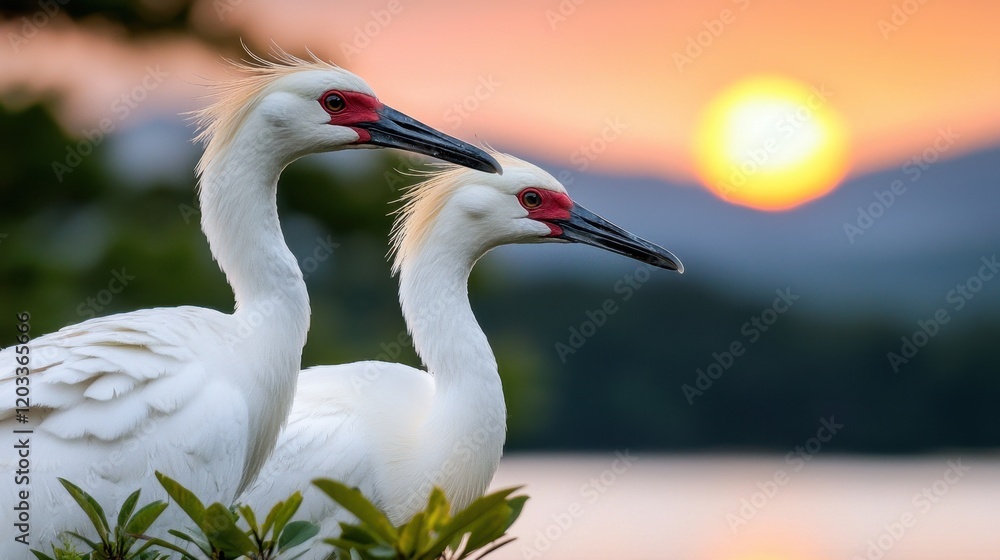 A couple of white birds sitting on top of a tree A couple of white birds sitting on top of a tree