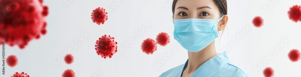 A health professional wearing a mask stands in a clean environment, illustrating the importance of safety measures. The background features representations of viruses, underlining health concerns. A health professional wearing a mask stands in a clean environment, illustrating the importance of safety measures. The background features representations of viruses, underlining health concerns.