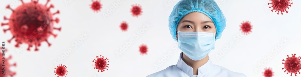 A health professional wearing a mask stands in a clean environment, illustrating the importance of safety measures. The background features representations of viruses, underlining health concerns. A health professional wearing a mask stands in a clean environment, illustrating the importance of safety measures. The background features representations of viruses, underlining health concerns.