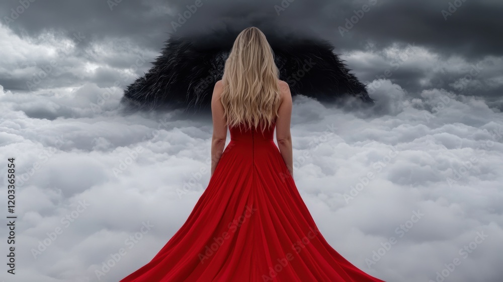 A woman in a red dress standing in the clouds A woman in a red dress standing in the clouds