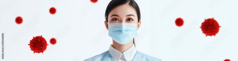 A health professional wearing a mask stands in a clean environment, illustrating the importance of safety measures. The background features representations of viruses, underlining health concerns. A health professional wearing a mask stands in a clean environment, illustrating the importance of safety measures. The background features representations of viruses, underlining health concerns.