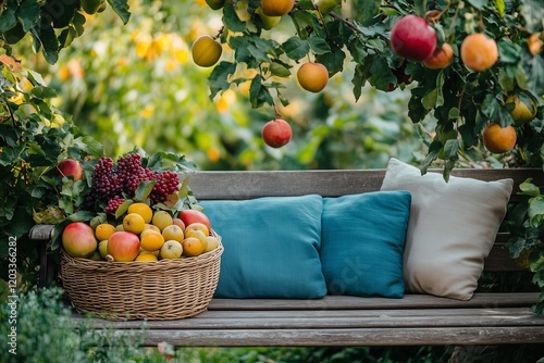 A serene garden bench with cushions and a basket of freshly picked fruits, symbolizing unity.