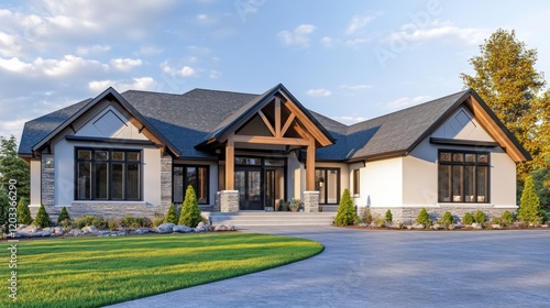 Modern farmhouse exterior, spacious home, with a covered porch, landscaping, and driveway. photo