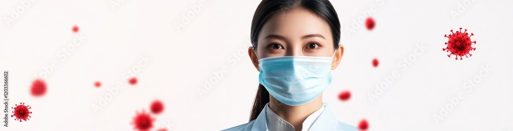 A health professional wearing a mask stands in a clean environment, illustrating the importance of safety measures. The background features representations of viruses, underlining health concerns. A health professional wearing a mask stands in a clean environment, illustrating the importance of safety measures. The background features representations of viruses, underlining health concerns.
