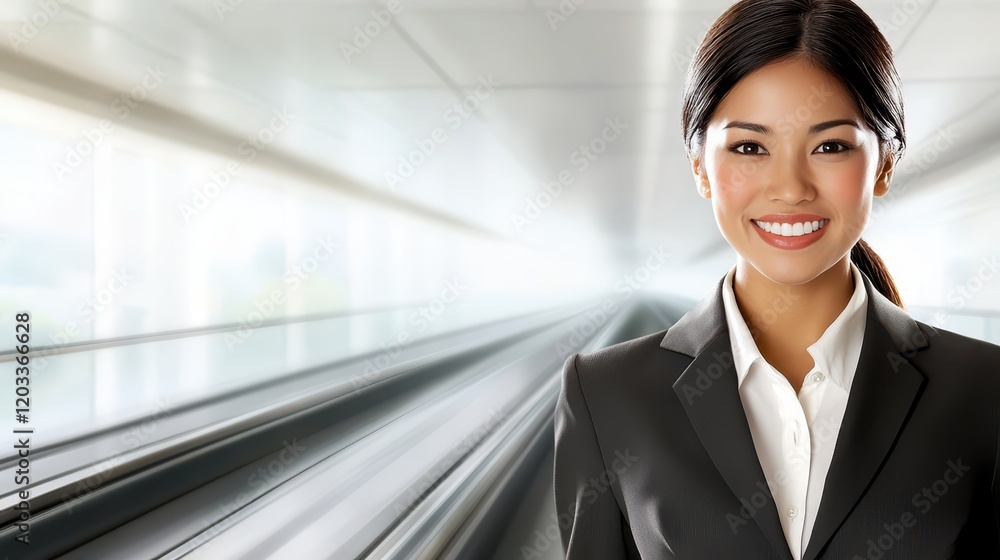 Confident businesswoman in suit and tie walking down corporate hallway Confident businesswoman in suit and tie walking down corporate hallway