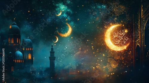 A mystical representation of Ramadan, blending crescent moons, stars, and glowing calligraphy photo