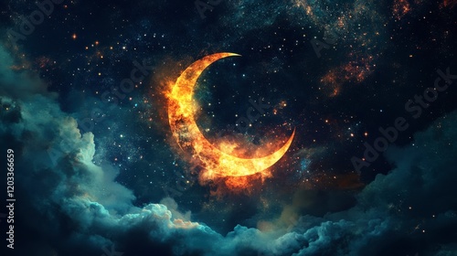 A mystical representation of Ramadan, blending crescent moons, stars, and glowing calligraphy photo