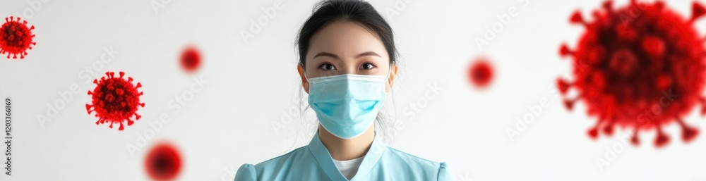 A health professional wearing a mask stands in a clean environment, illustrating the importance of safety measures. The background features representations of viruses, underlining health concerns. A health professional wearing a mask stands in a clean environment, illustrating the importance of safety measures. The background features representations of viruses, underlining health concerns.