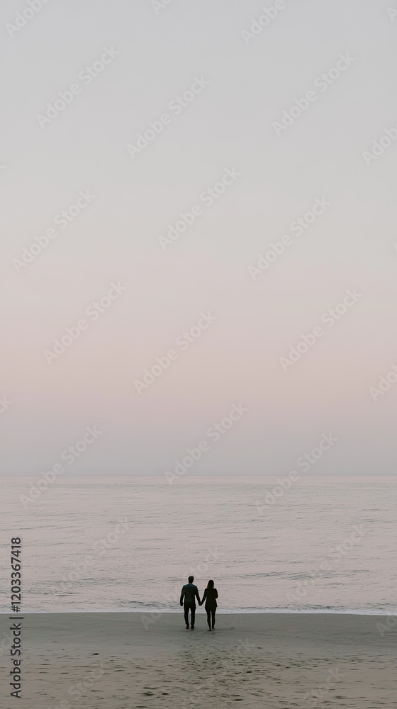 Romantic Couple Walking on Tranquil Beach at Sunset with Pastel Sky and Calm Ocean in Serene Minimalist Landscape Romantic Couple Walking on Tranquil Beach at Sunset with Pastel Sky and Calm Ocean in Serene Minimalist Landscape