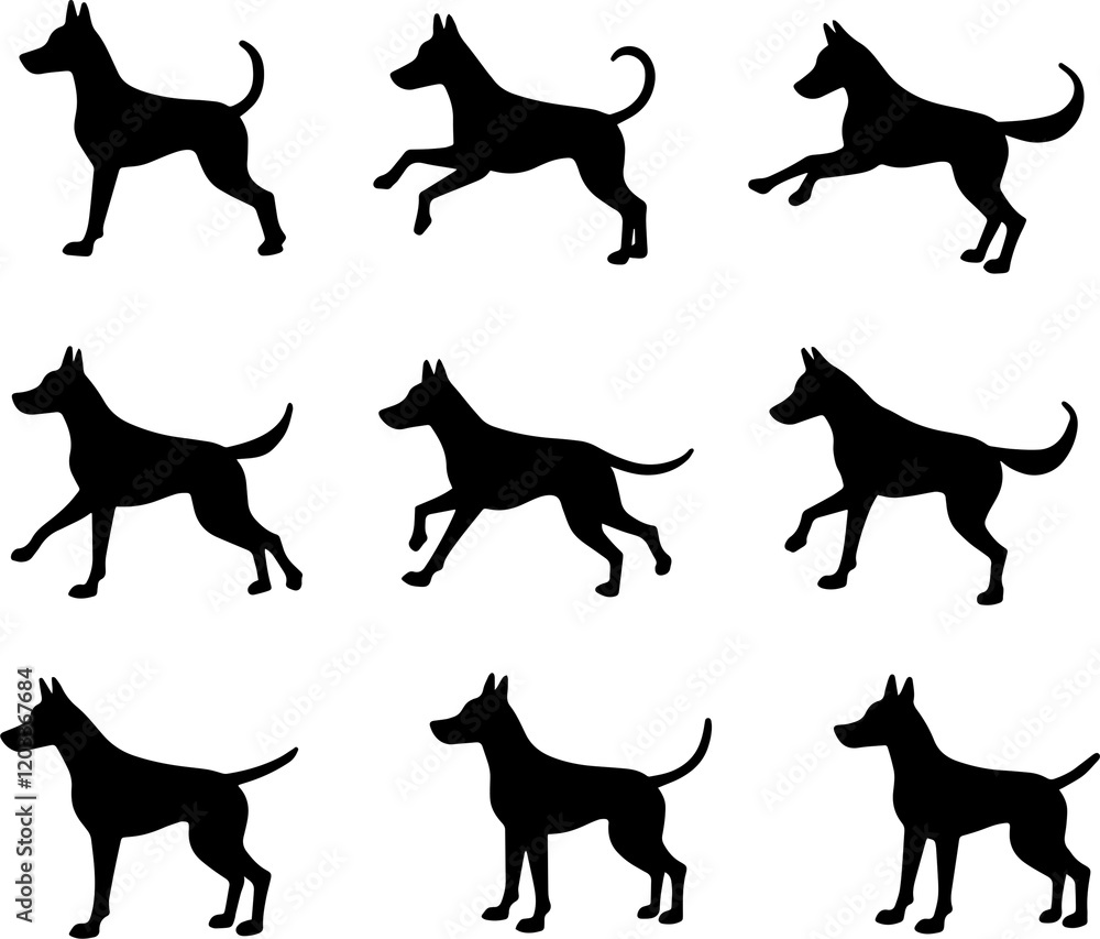 Dynamic silhouette dogs in motion urban setting graphic art, isolate white background Dynamic silhouette dogs in motion urban setting graphic art, isolate white background