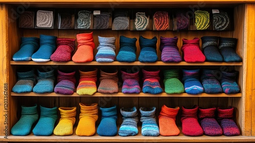 Wallpaper Mural Colorful knitted socks displayed on wooden shelves. Torontodigital.ca