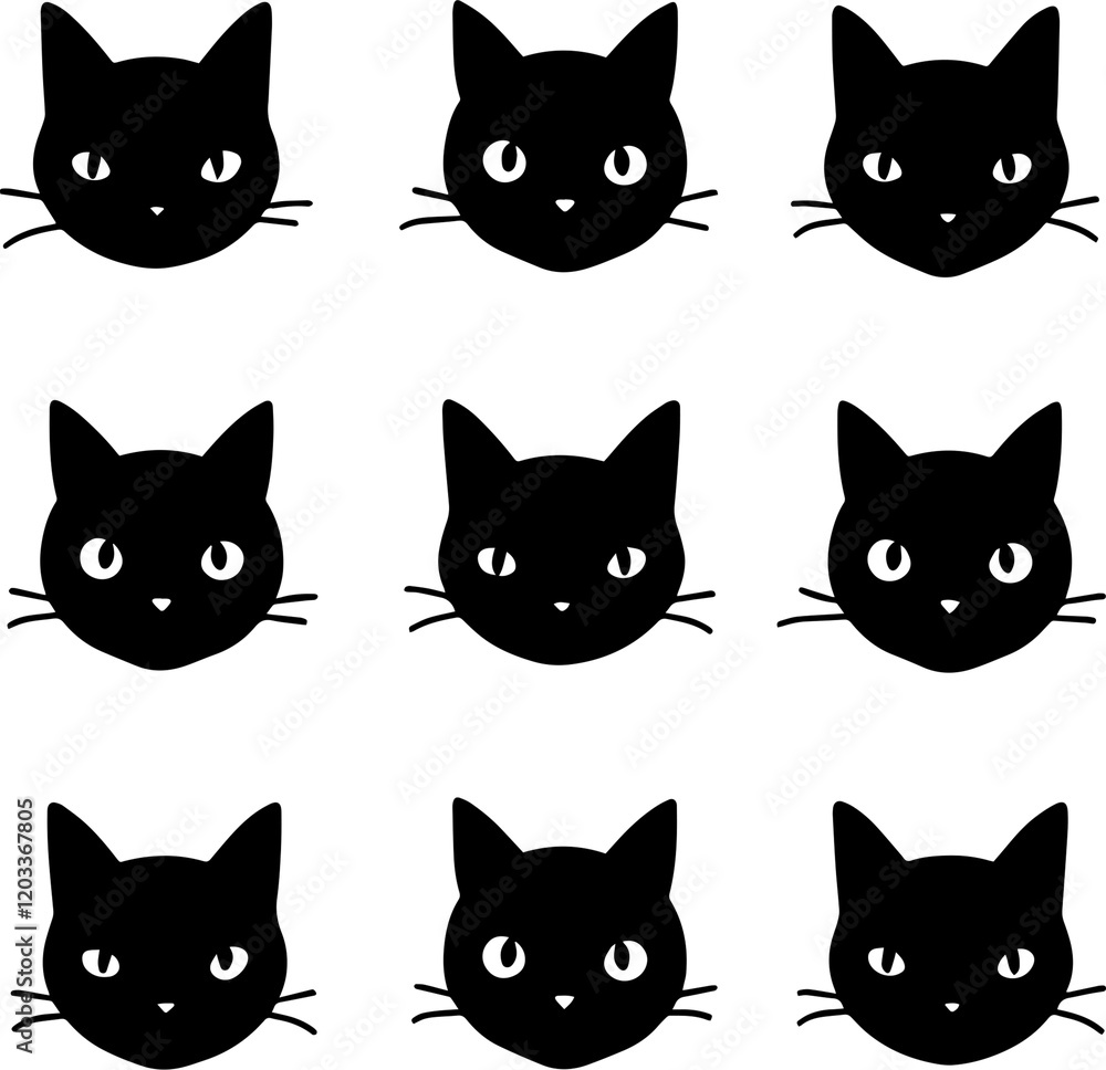 Fototapeta premium Silhouette cats pattern studio graphic art minimalist front view, isolate white background