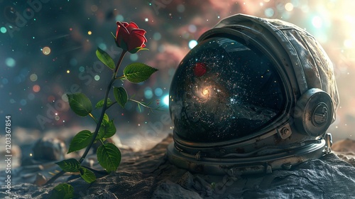 An astronaut helmet, broken and abandoned, with a rose sprouting from it, set against a detailed galaxy and nebula background, 8k octane render with volumetric lighting