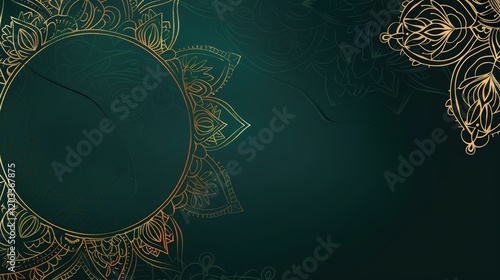 A dark green background with an ornate golden mandala design on the left side photo