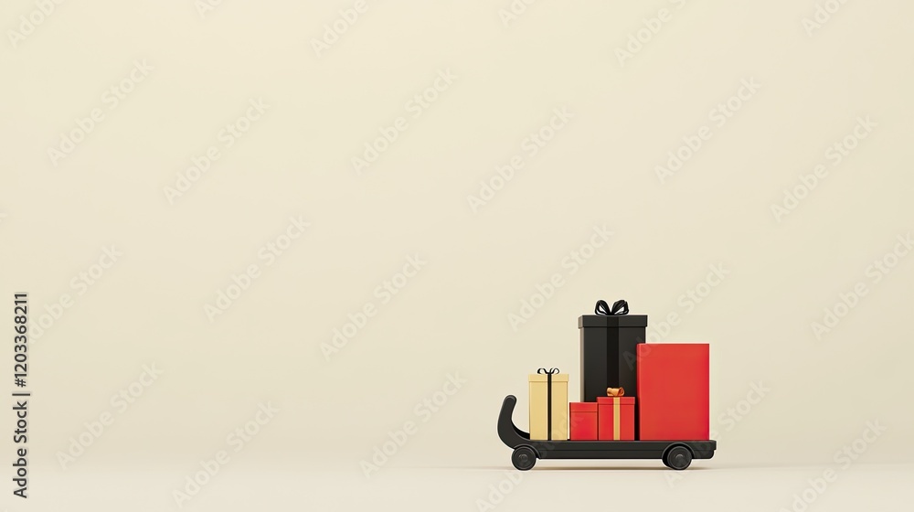 Minimalist Holiday Scene with Sleigh and Gift Boxes on Neutral Background for Festive Celebrations and Seasonal Promotions Minimalist Holiday Scene with Sleigh and Gift Boxes on Neutral Background for Festive Celebrations and Seasonal Promotions