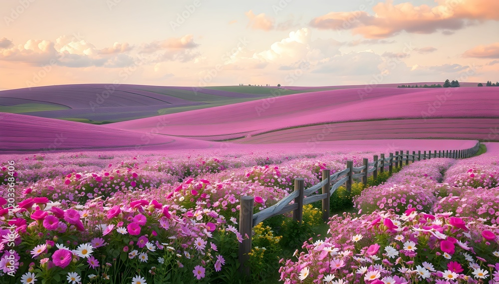 Obraz premium Vibrant Pink Flower Fields at Sunset