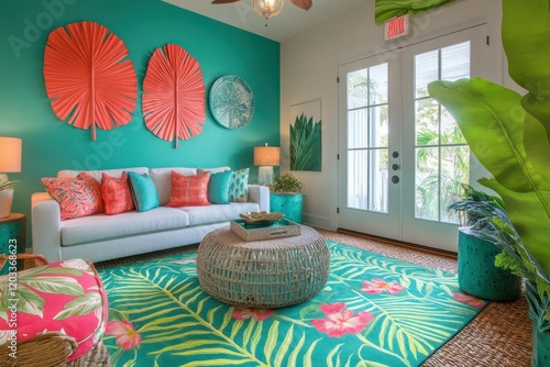 A tropical-themed living room with bright teal accents, leafy decor, and a vibrant floral rug photo