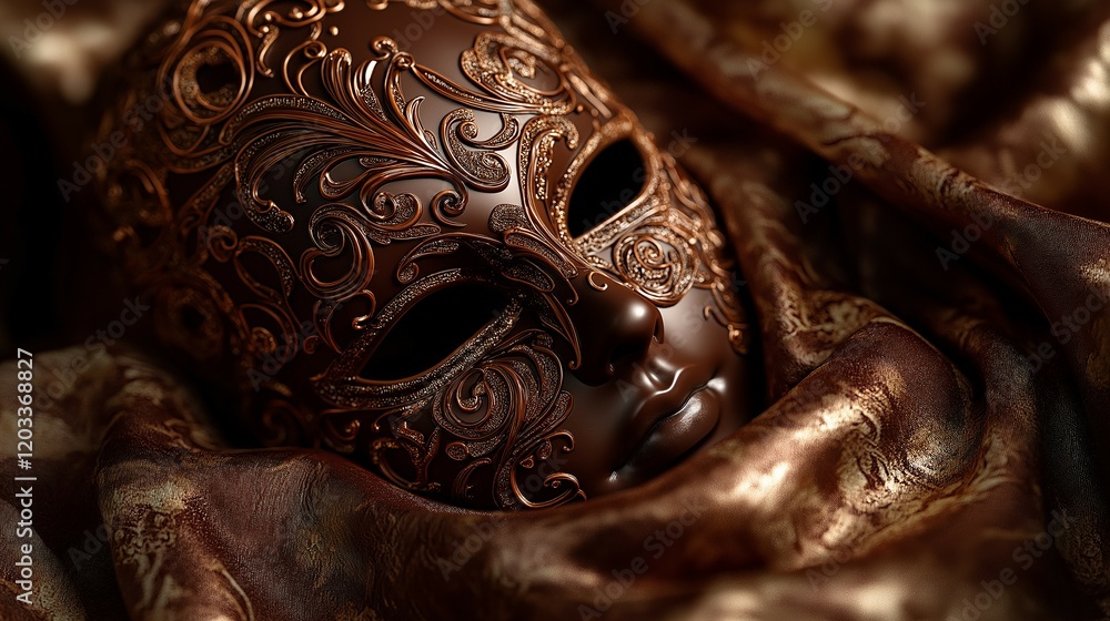 Chocolate mask with ornate filigree designs, mimicking Venetian style, resting on a satin surface under soft directional light to highlight textures