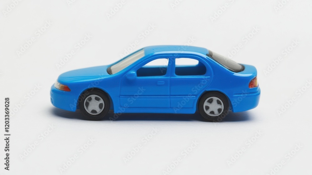 Fototapeta premium Bright blue toy car model displayed against a plain white background, ideal for children's play and design