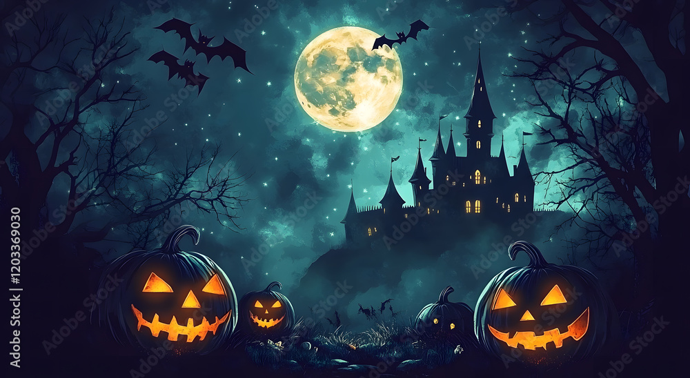 A Halloween-themed illustration of a haunted castle silhouetted against a glowing full moon, surrounded by bats, eerie trees, and two carved Jack-o'-lanterns glowing in the foreground. A Halloween-themed illustration of a haunted castle silhouetted against a glowing full moon, surrounded by bats, eerie trees, and two carved Jack-o'-lanterns glowing in the foreground.