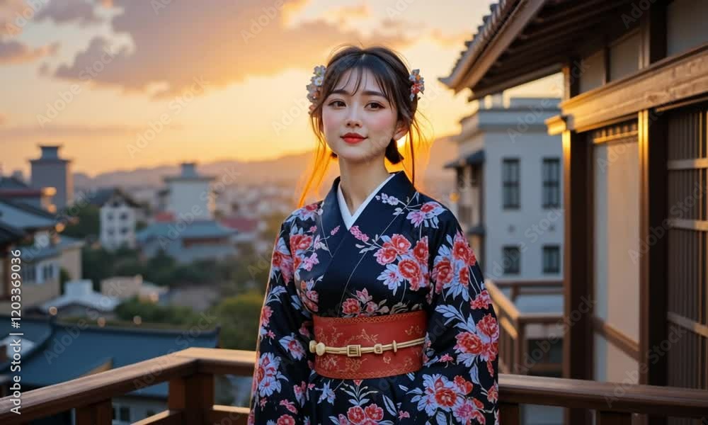Woman in traditional kimono posing gracefully against an urban backdrop during sunset, blending cultural elegance and modernity. Woman in traditional kimono posing gracefully against an urban backdrop during sunset, blending cultural elegance and modernity.