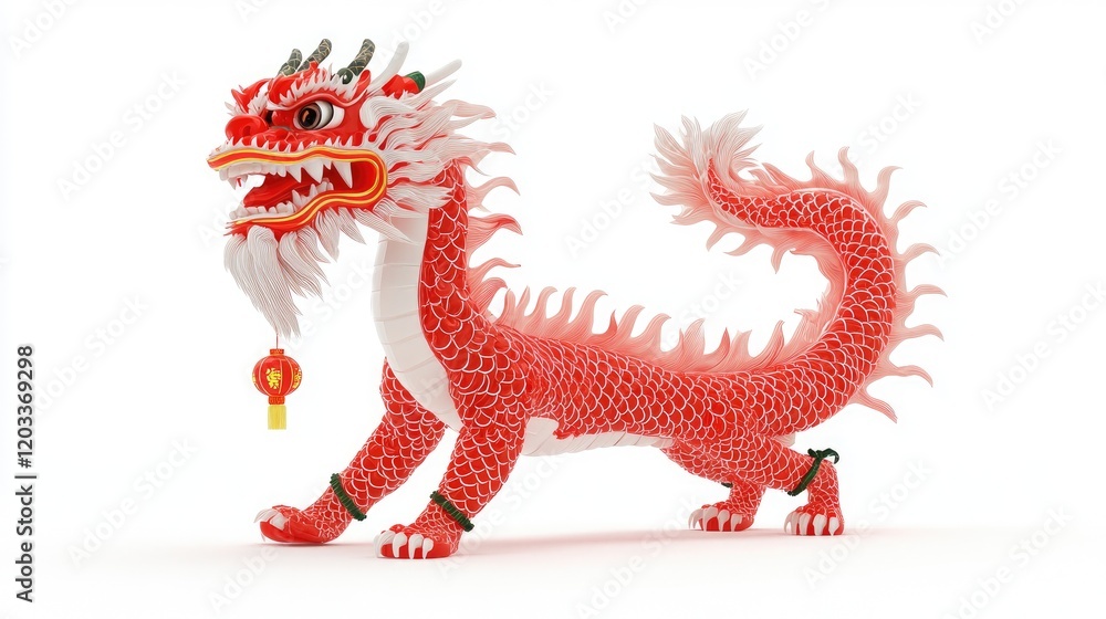Vibrant Red Chinese Dragon with Intricate Scales and Lantern in Traditional Festive Style Vibrant Red Chinese Dragon with Intricate Scales and Lantern in Traditional Festive Style