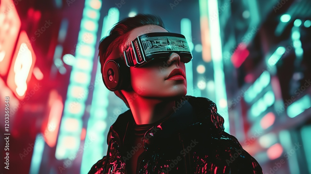futurism cyberpunk theme , young teenager man weaering futuristic eyeglasses at city with glow neon light buildings futurism cyberpunk theme , young teenager man weaering futuristic eyeglasses at city with glow neon light buildings