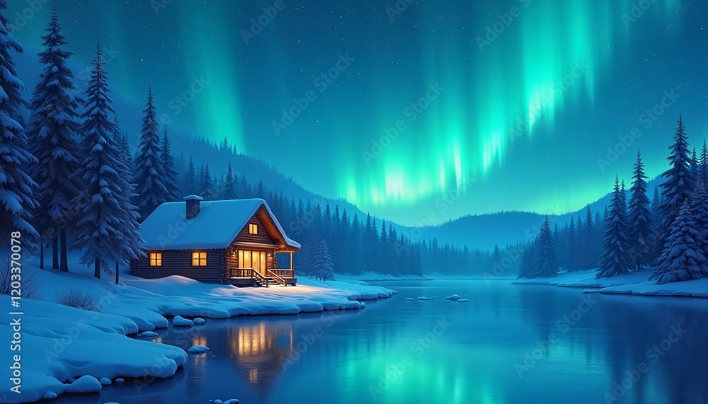 Fototapeta premium Mesmerizing Northern Lights Illustration, Snow-Covered Landscape with Cozy Wooden Cabin and Frozen Lake Reflection, Serene Winter Night