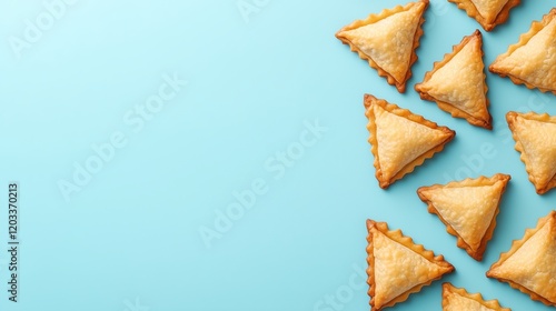 Hamantaschen Cookies on Blue Background Highlighting Purim Festivities and Jewish Tradition photo