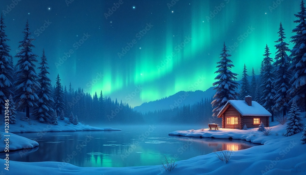 Fototapeta premium Mesmerizing Northern Lights Illustration, Snow-Covered Landscape with Cozy Wooden Cabin and Frozen Lake Reflection, Serene Winter Night