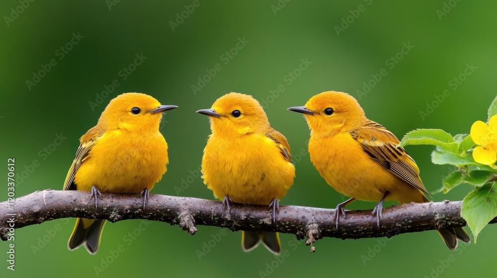 Three yellow birds perched on branch, green background, spring Three yellow birds perched on branch, green background, spring