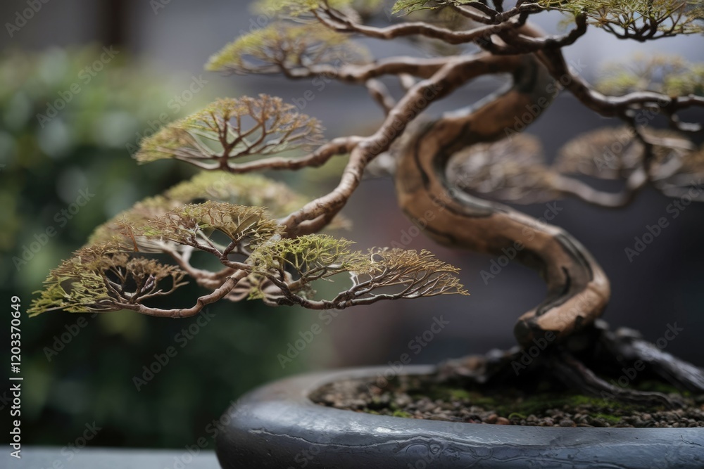 A meticulously crafted bonsai tree, showcasing intricate branches and a weathered trunk, symbolizes patience and tranquility. A meticulously crafted bonsai tree, showcasing intricate branches and a weathered trunk, symbolizes patience and tranquility.