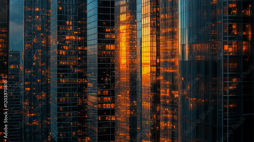 Obraz premium Night cityscape close-up of illuminated modern glass skyscrapers