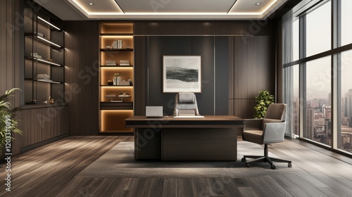 Wallpaper Mural A modern office interior with a desk, chair, and shelving units against a dark wall on a wooden floor, concept of a corporate workspace. Torontodigital.ca