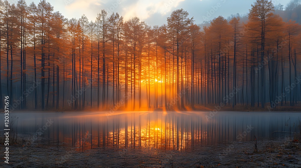 Obraz premium Sunrise autumn forest lake mist reflection