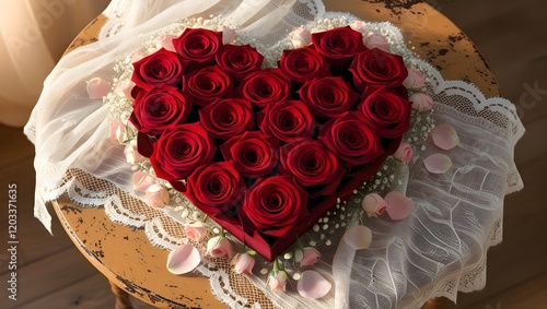 A romantic heart-shaped arrangement of deep red roses with pink rosebuds and baby's breath, placed on delicate white lace over a rustic wooden table.