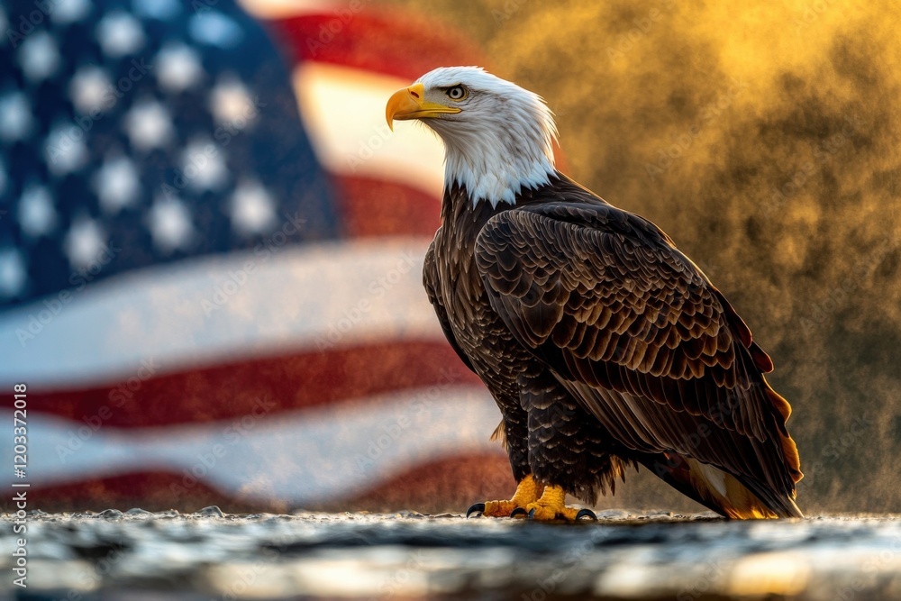 Naklejka premium Majestic Bald Eagle with American Flag Background