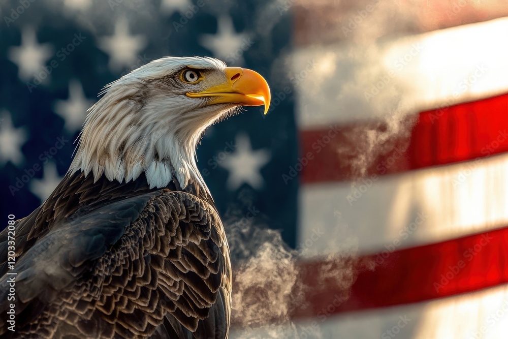 Naklejka premium Majestic Bald Eagle with American Flag Background