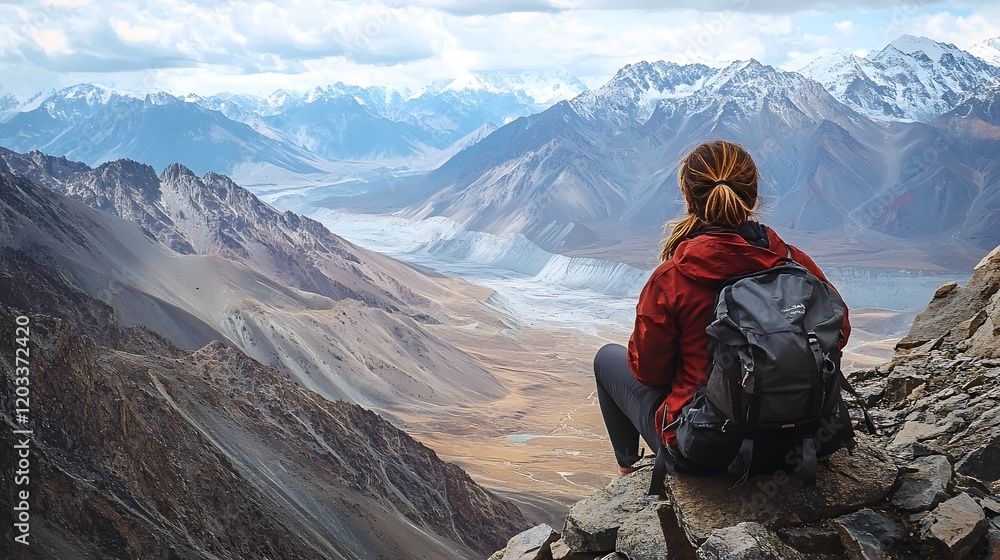 Woman Backpacker Contemplates Majestic Mountain Vista Woman Backpacker Contemplates Majestic Mountain Vista