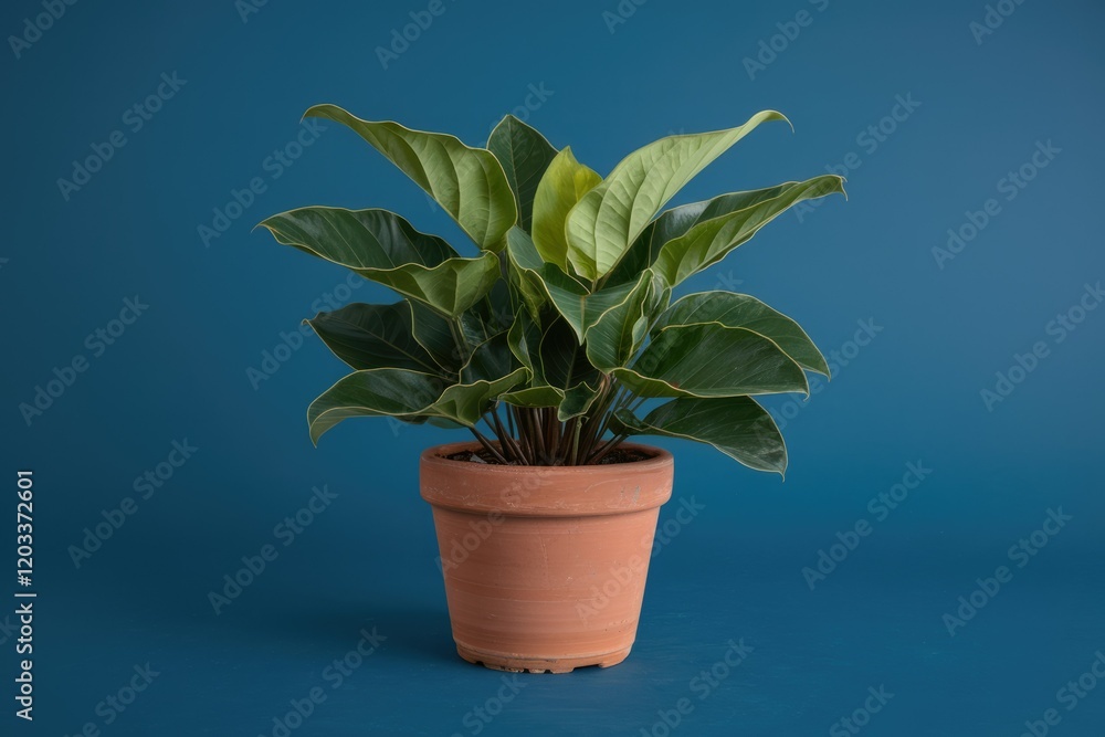 Obraz premium A vibrant green Anthurium clarinervium plant thrives in a terracotta pot against a deep blue backdrop.
