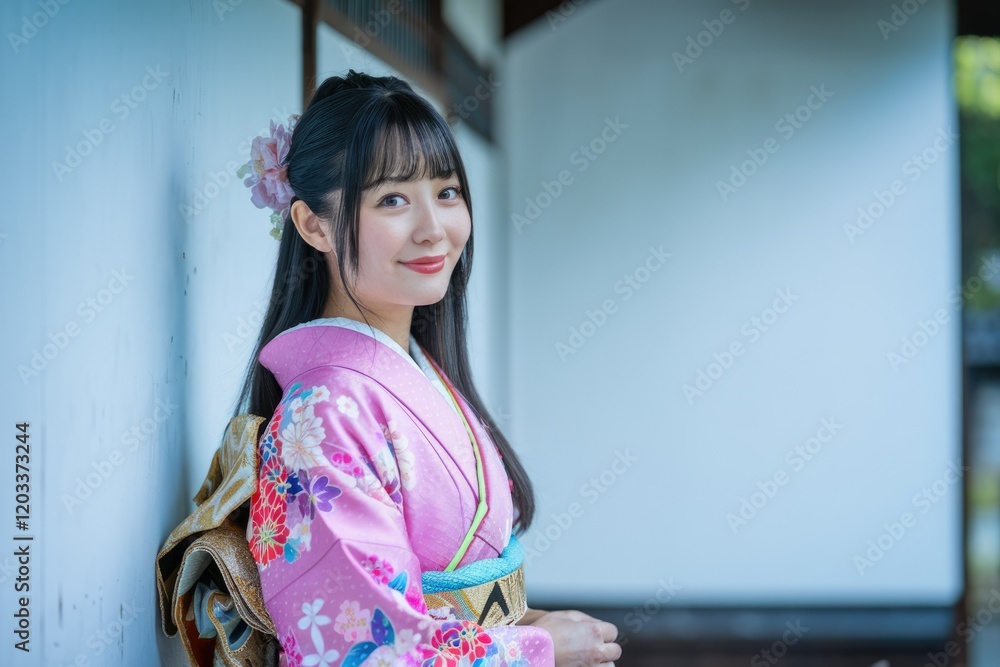 A young woman smiles, wearing a beautiful pink kimono adorned with floral patterns, standing against a light wall. A young woman smiles, wearing a beautiful pink kimono adorned with floral patterns, standing against a light wall.