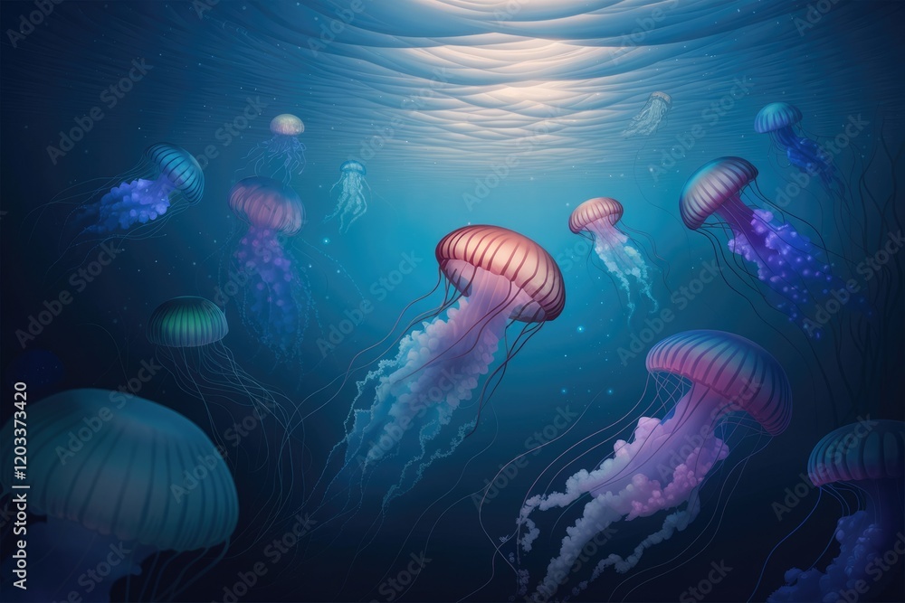 Fototapeta premium A mesmerizing underwater scene showcasing a multitude of jellyfish gracefully floating in the deep ocean.