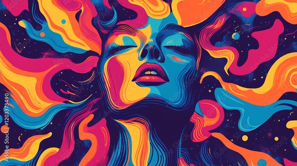 Vibrant Abstract Woman Art Print Colorful Psychedelic Design Vibrant Abstract Woman Art Print Colorful Psychedelic Design