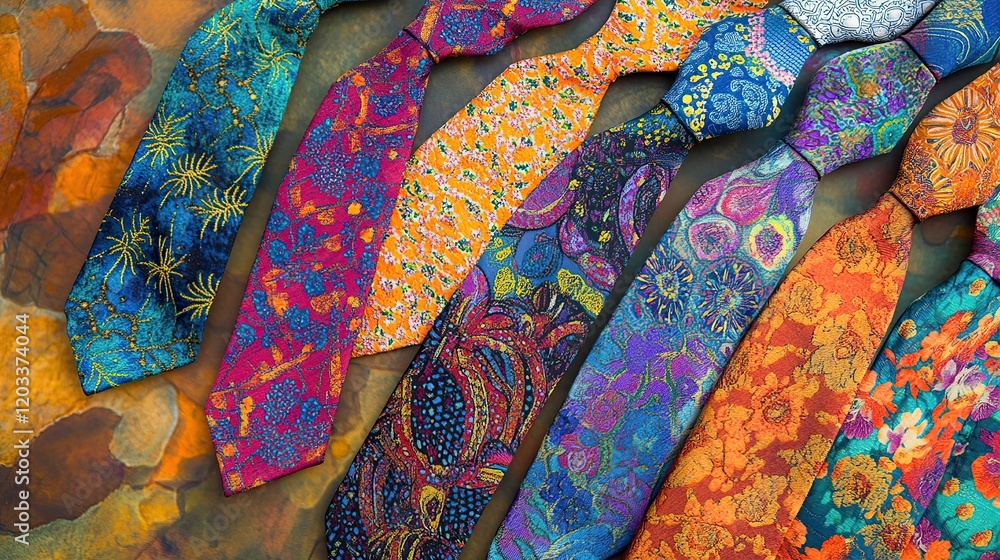 Colorful patterned silk neckties arranged on a textured surface. Colorful patterned silk neckties arranged on a textured surface.