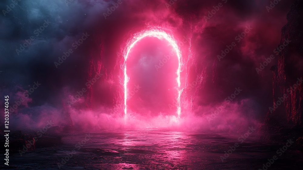Striking neon pink arch glows in the darkness serving as a portal frame surrounded by ethereal smoke and dynamic laser effects inviting viewers into a surreal space experience Striking neon pink arch glows in the darkness serving as a portal frame surrounded by ethereal smoke and dynamic laser effects inviting viewers into a surreal space experience