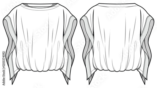 Women handkerchief top blouse design flat sketch fashion illustration with front and back view, blouson blouse top technical drawing vector template