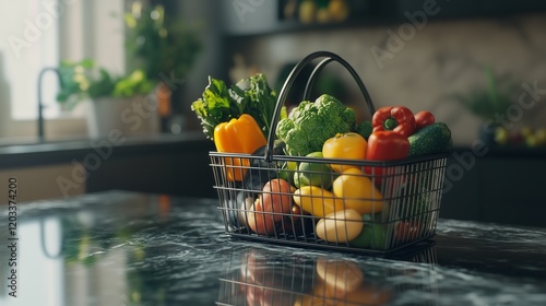 A shopping basket filled with an assortment of fresh produce, placed on a sleek granite countertop.
