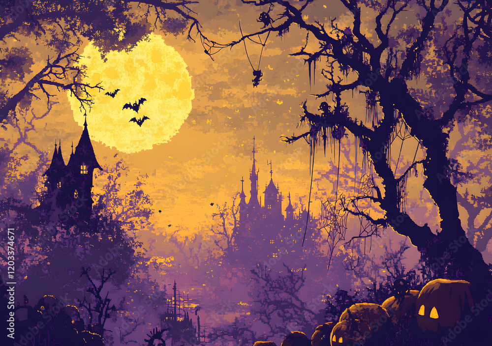 A surreal Halloween-themed illustration of a haunted forest with twisted trees, glowing jack-o'-lanterns, cobwebs, and an eerie house under a dramatic purple and golden sunset. A surreal Halloween-themed illustration of a haunted forest with twisted trees, glowing jack-o'-lanterns, cobwebs, and an eerie house under a dramatic purple and golden sunset.