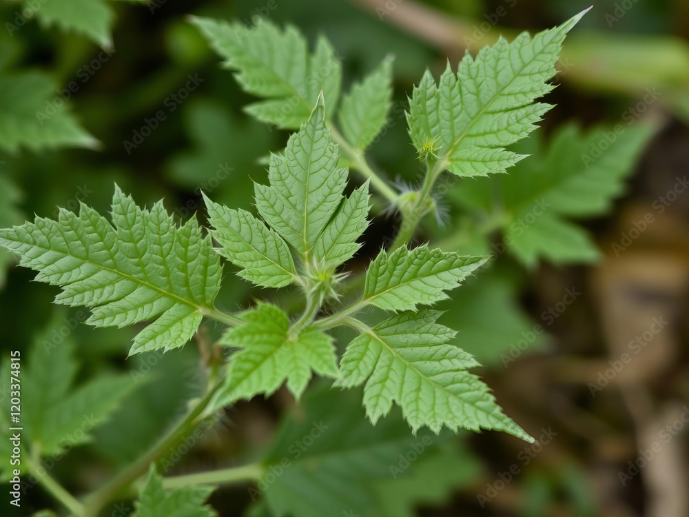 Extreme close up of a stinging nettle stem in stacked focus, leaves, detail, plant Extreme close up of a stinging nettle stem in stacked focus, leaves, detail, plant