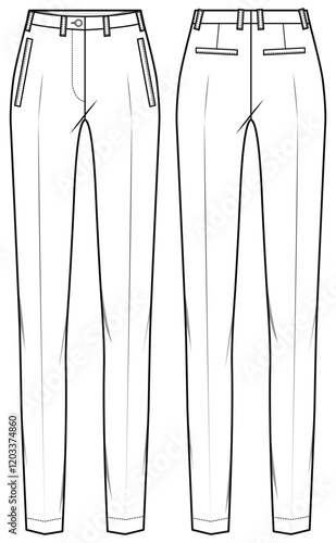 Women's Slim fit formal trouser pants front and back view flat sketch fashion illustration drawing vector template